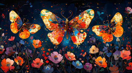 Gilded Wings: Butterflies Bear Klimt's 'The Kiss' in Vibrant Garden