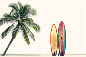 A pair of colorful surfboards leaning against a palm tree, ready for an exhilarating ride on the waves of a summer beach isolated on solid white background.