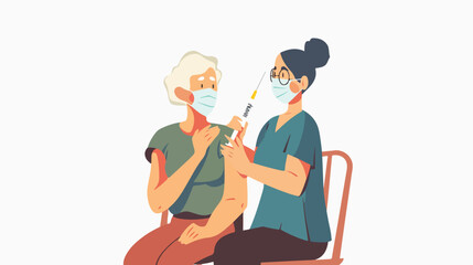 Nurse with syringe vaccinating aged person  - obrazy, fototapety, plakaty