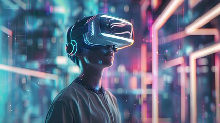 young man immersed in virtual reality exploring futuristic cyber world with vr headset digital illustration