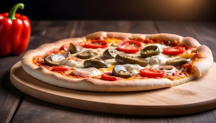 Slice-of-hot-pizza-cheese-lunch-or-dinner-crust-seafood-meat-topping-sauce--with-bell-pepper-vegetables-delicious-tasty-fast-food-italian-traditional-on-wooden-board-table-classic-in-side