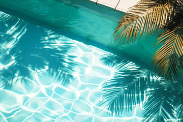 The shadow of a palm tree falls on the blue torn water in the pool, top view