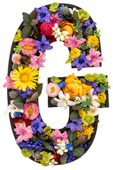 Letter G made of real natural flowers and leaves on white background isolated.