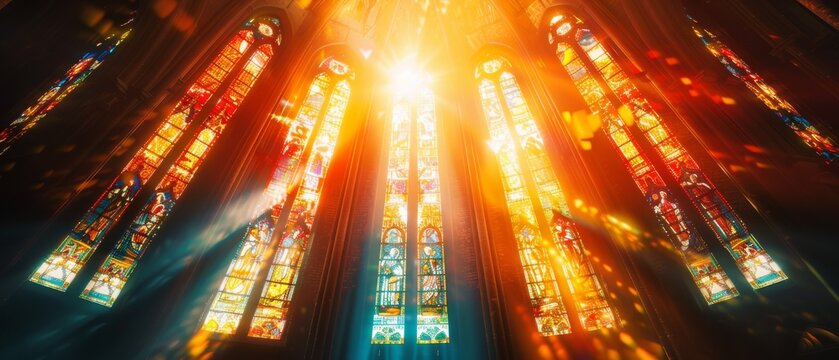 Light streaming through stained-glass windows of the Cathedral, reminding us that God loves us and is generous to us. A cinematic concept of God's love and grace.