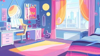 This is a modern interior design background of a girly apartment with window, vintage armchair, and a cool Y2K poster. Here is a cool girly apartment with a window, y2k poster, and vintage armchair.