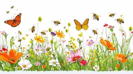 Vibrant Wildflower Meadow with Butterflies and Bees Illustration