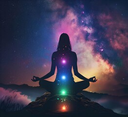 Silhouette of Person Meditating with Colorful Chakras in a Galactic Setting. Peaceful Yoga Meditation Under the Stars. Spiritual Awakening and Mindfulness Concept. AI