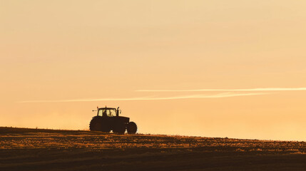 A minimalist view of a tractor's silhouette at sunrise, with soft morning light. 