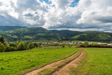 Krasno nad Kysucou town with hills of Javorniky mountains above in Slovakia
