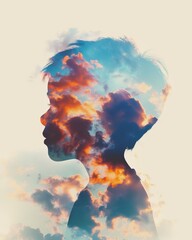 Child&rsquo;s silhouette, colorful cloud imagination, artistic double exposure effect