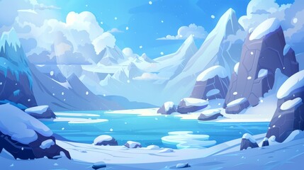 The photo shows a winter mountain landscape with freezing frozen lake. Blue ice and snow cover rocky peaks, fluffy white clouds float in the sky. Scenic north pole view. Modern cartoon illustration.