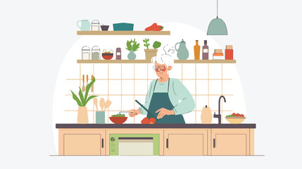 Old woman cooking with online video recipe. Modern 
