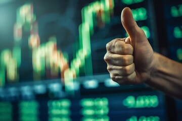 Positive feedback concept, thumb up with a bull stock market green graph backdrop, focusing on the gesture of approval - obrazy, fototapety, plakaty