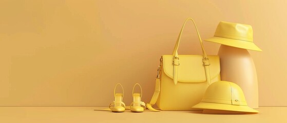 3D rendering of yellow women's fashion accessories on a cream background.