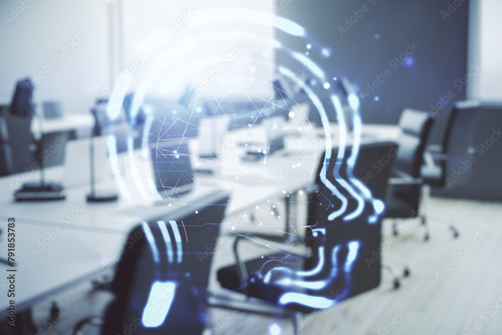 Aufkleber double exposure of creative artificial intelligence hologram on modern corporate office background. 