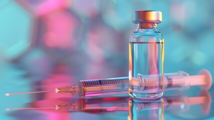 Vial next to a syringe with needle, sterile medical backdrop, treatment readiness