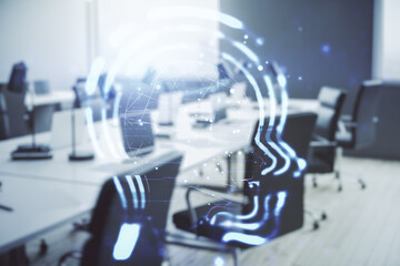 Double exposure of creative artificial Intelligence hologram on modern corporate office background. Neural networks and machine learning concept