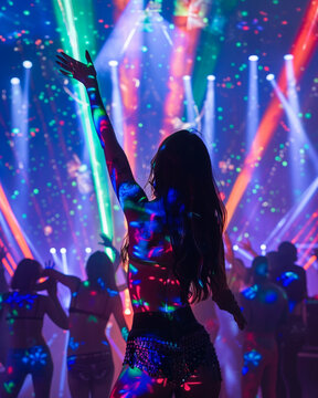 A woman with fluorescent bodypainting seen from back in a music event, dancing in neon color lights