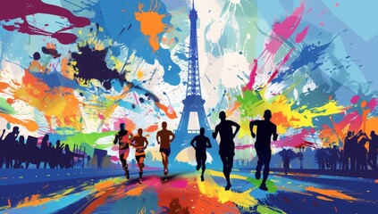 An illustration of several runners running towards the Eiffel Tower in Paris, France, with splashes and abstract shapes on a colorful background Generative AI - obrazy, fototapety, plakaty