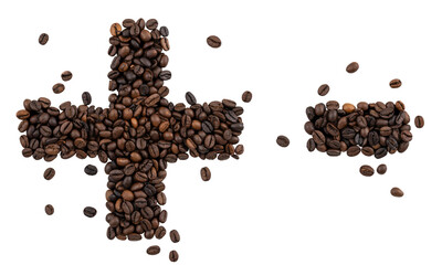 Symbol plus and minus made from coffee beans on isolated white background. - 791853965