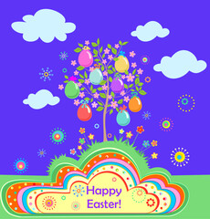 Childish greeting Easter card with blooming cherry-tree or apple-tree with hanging colored eggs. Funny applique on blue background