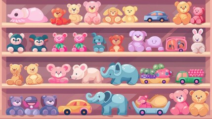 Angry kid toy shop interior shelf game modern cartoon illustration. Baby gift in store carousel shelves. Happy teddy bear, elephant, car, and plush bunny available for kindergarteners from the