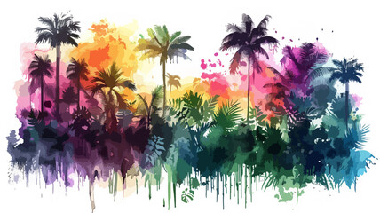 Landschaft Regenwald Panorama Sommer Wasserfarben Amazonas Silhouette Palmen Wald Bäume Naturschutz Vektor - obrazy, fototapety, plakaty
