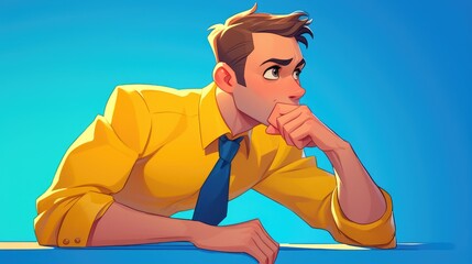 A cartoon rendering of a charming young man cartoon character is depicted in a pensive pose against a vibrant blue backdrop embodying the concept of facing problems and moments of uncertaint