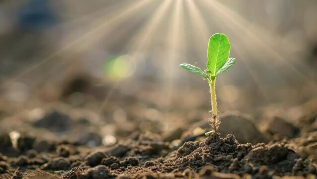 Young plant sprouting from fertile soil with sunlight rays, symbolizing growth and new beginnings, concept of agriculture and sustainability
