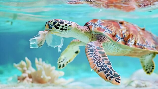 Sea turtle mistaking plastic for food in ocean waters, highlighting environmental pollution and the threat to marine life, concept of conservation and ocean health.
