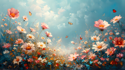 Whispers of Spring: Serene Daisies, Tulips, and Butterflies in Ethereal Hues