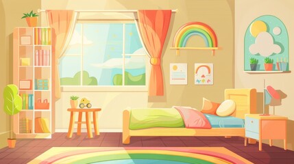 Children's room interior illustration with bookshelf, cupboard, windows, and rainbow sticker. Kids playroom decoration in apartment.