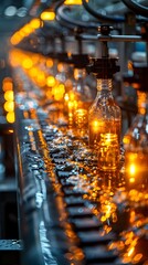 Mass-produced bottles and glasses illuminated in a dimly lit and festive bar atmosphere for a sophisticated social gathering or