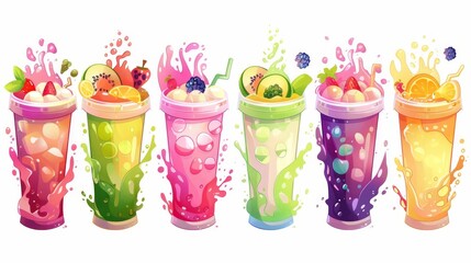 Isolated delicious milkshake and smoothie dessert clipart for cafe menu. Summer boba ice drink in cup with fruit, berries and splash illustration.
