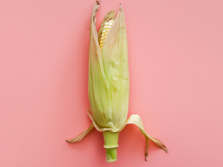 A minimalist view of a corn cob with a husk partially peeled, emphasizing freshness