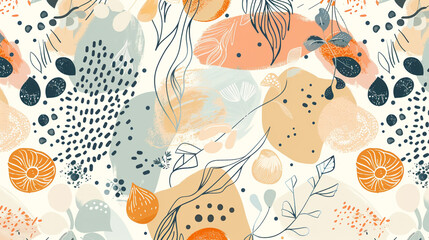 Abstract organic shapes and line art in pastel colors form a seamless pattern in an illustration flat design style with a mix of simple geometric forms. 