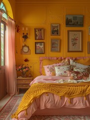 Cozy Yellow Bedroom Interior with Vintage Decorations