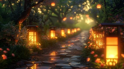 Pathway to Mystery: Glowing Lanterns, generative ai