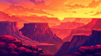 The Grand Canyon park desert at sunset cartoon modern illustration. Western mountain cliff and amazing sky background. Amazing Utah or Colorado ground terrain for an unforgettable wild travel - obrazy, fototapety, plakaty