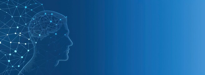 Artificial Intelligence and machine learning concept with human head silhouette, neural networks and connections on blue background vector illustration.