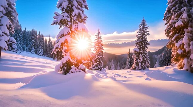 Winter landscape wallpaper with pine forest covered with snow and scenic sky at sunset Snowy fir tree in beauty nature scenery