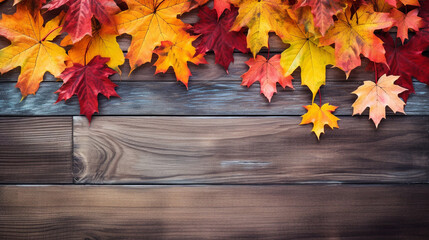 Naklejka na ściany i meble fall maples leaves border on an old wood background сreated with Generative Ai