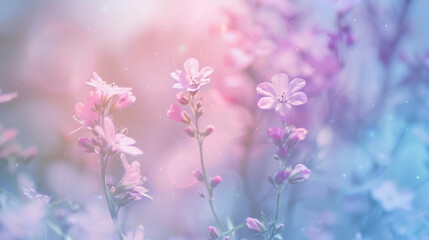 Softly blurred background of a few garden flowers in pastel colors.