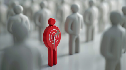 Stand out from the crowd and different creative idea concepts one red target marketing man amongs other white people on white gray background with shadows and reflections 3D rendering