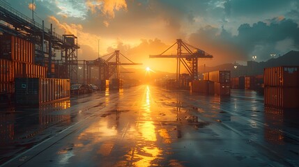Sunset Silhouettes:Bustling Industrial Seaport Landscape with Cargo Cranes and Containers - obrazy, fototapety, plakaty