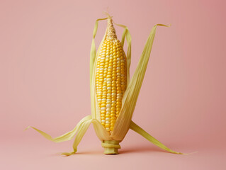 A minimalist view of a corn cob with a husk partially peeled, emphasizing freshness