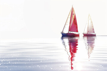 A pair of sailboats gliding across the sparkling waters of a tranquil lake, embracing the serenity of a summer sailing adventure isolated on solid white background.