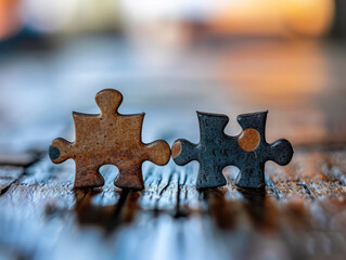 Two mismatched puzzle pieces struggling to fit together, symbolizing the challenges of unity and collaboration.