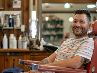 A smiling mansitting in a barber chair. 