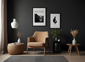 Stylish scandinavian composition of living room with design armchair, black mock up poster frame, commode, wooden stool, book, decoration, loft wall and personal accessories in modern home decor See L - obrazy, fototapety, plakaty